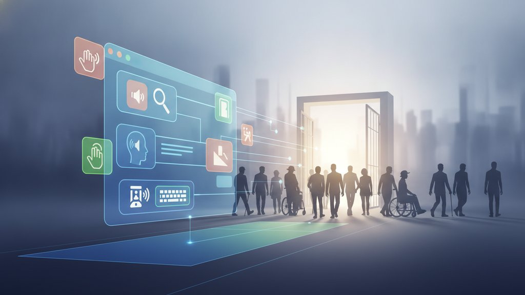 A clean editorial illustration showing a digital form interface with accessibility-focused design elements highlighted in bright, structured detail.