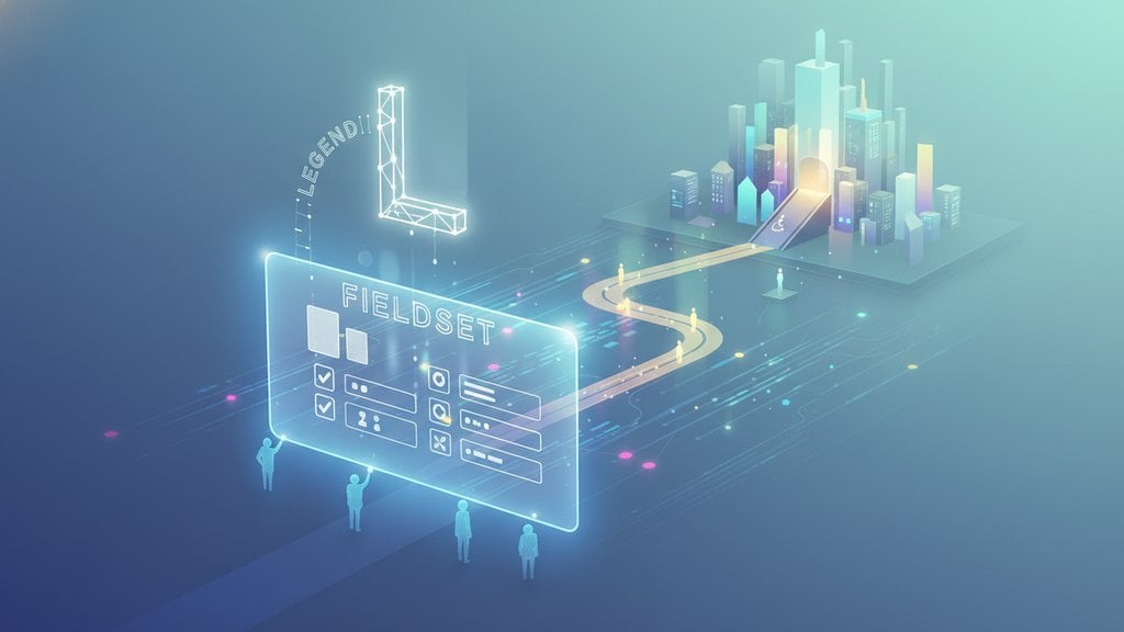 Illustration of organized form elements and grouped input fields with glowing connections, representing accessible fieldset and legend structure in web design.