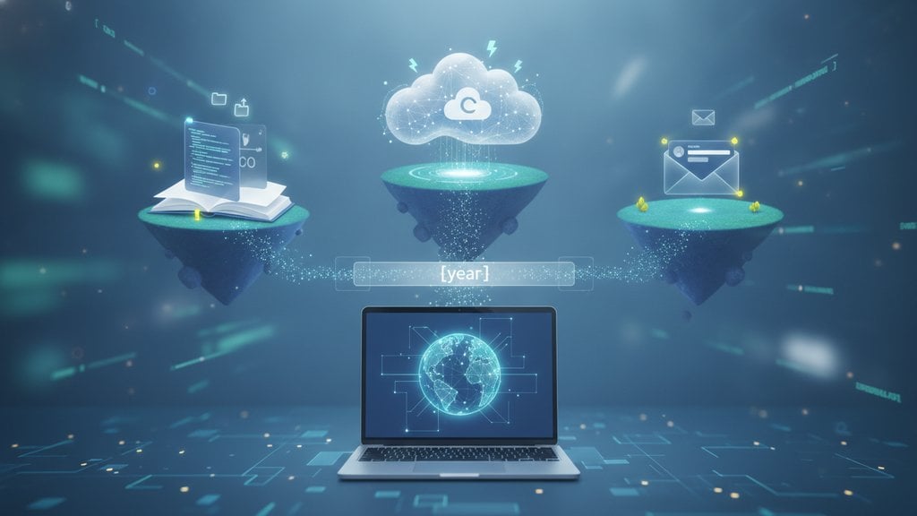 Modern illustration of a laptop displaying a website with floating cloud icons and code symbols, representing free static web hosting solutions.