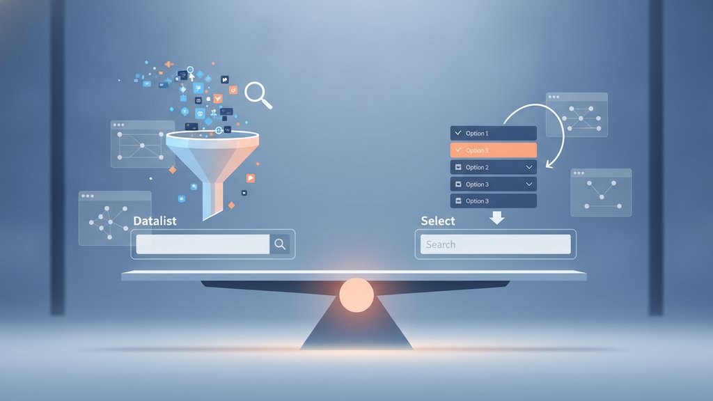 Two clean UI form elements side by side, illustrating the HTML datalist vs select choice in a bright modern workspace.
