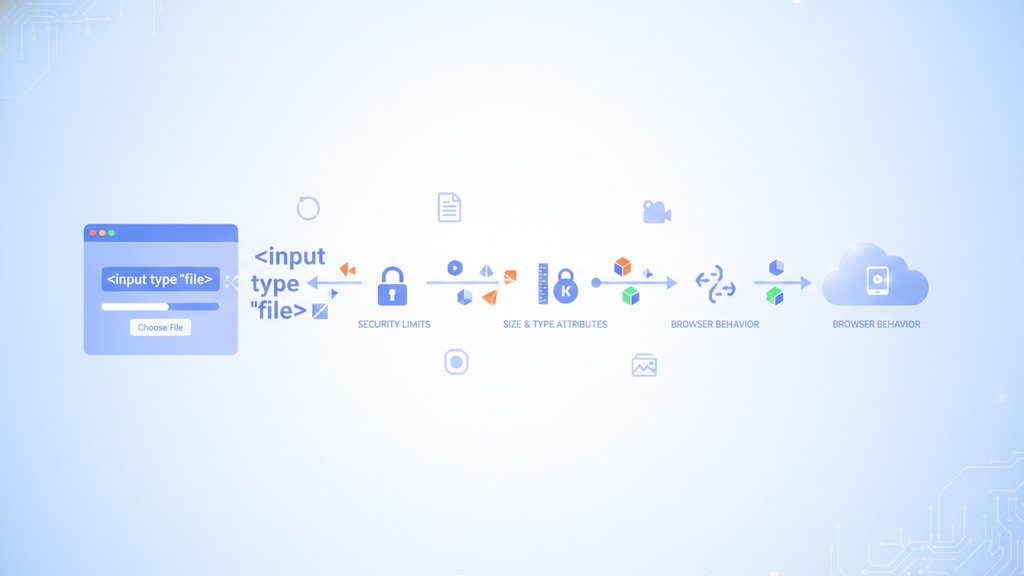 A stylized browser window displaying an HTML file upload input field surrounded by floating document icons and interface elements.