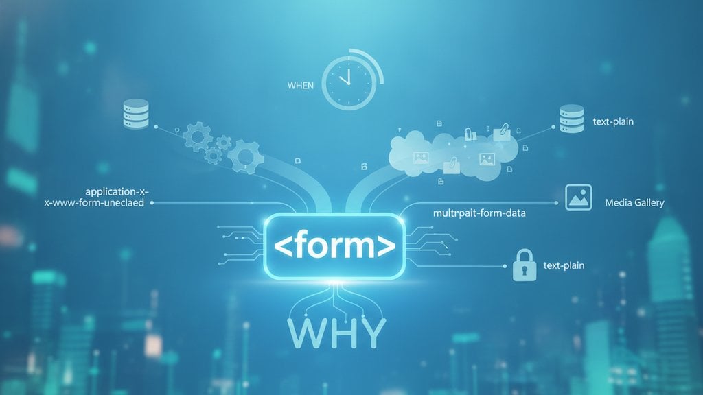 Modern illustration showing a stylized HTML form with data flowing through different encoding pathways, representing form enctype concepts and data transmission methods.