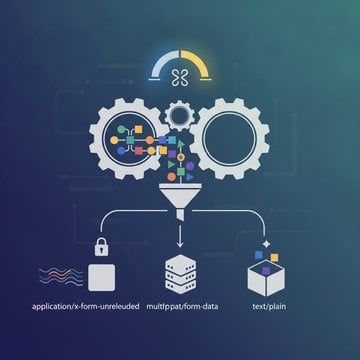 Modern illustration showing a stylized HTML form with data flowing through different encoding pathways, representing form enctype concepts and data transmission methods.