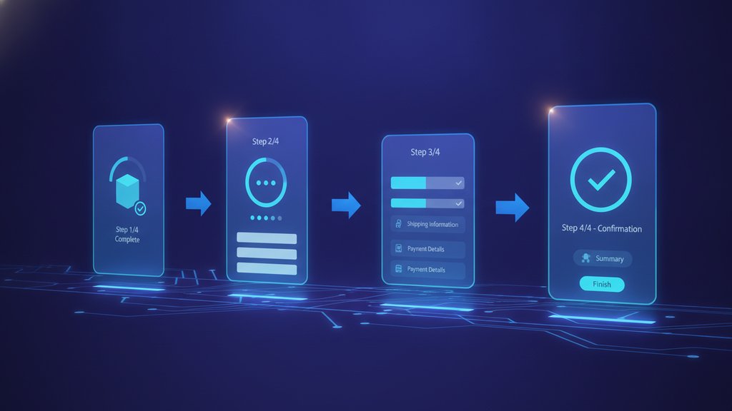 A clean illustration showing a multi-step form broken into numbered stages, guiding a user through a bright, minimal digital interface.