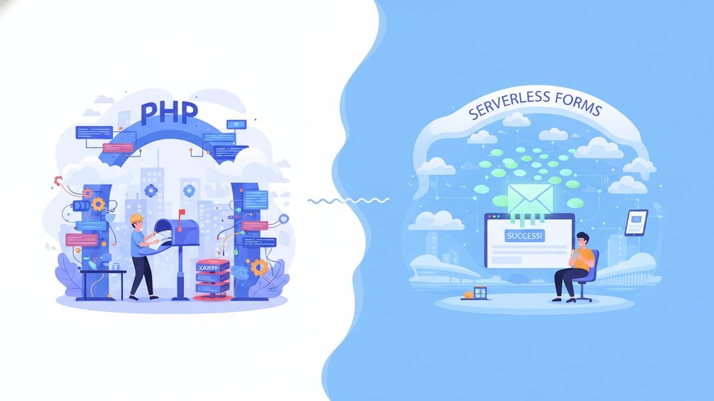 Modern illustration comparing PHP and serverless form solutions with interconnected nodes and digital pathways on a bright, professional background.