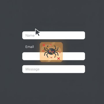 A glowing web form with a ghost-like honeypot field trapping red bots in dark navy space, shielded by a luminous padlock icon.