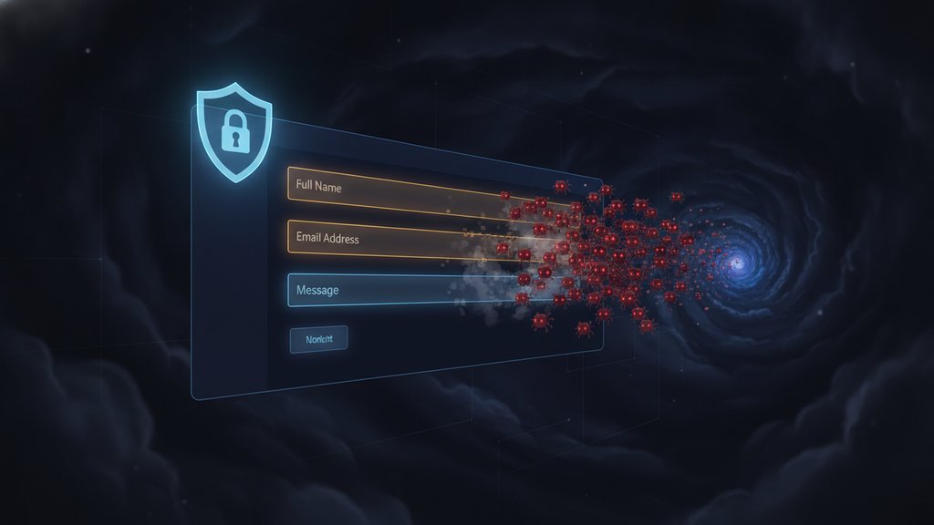 A glowing web form with a ghost-like honeypot field trapping red bots in dark navy space, shielded by a luminous padlock icon.